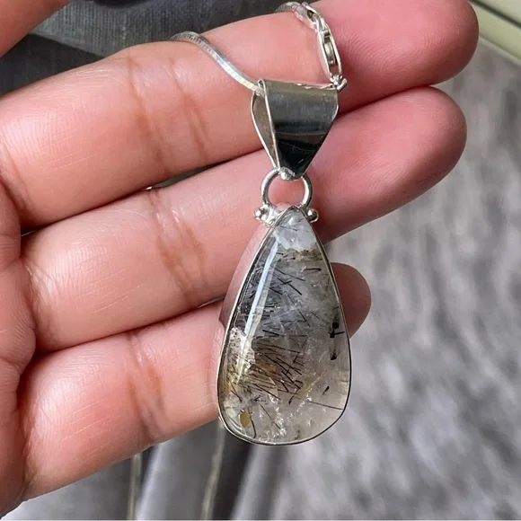 Black Rutilated Quartz Tear Drop Pendant 925 Sterling Silver 19" Necklace Chain - Picture 5 of 15